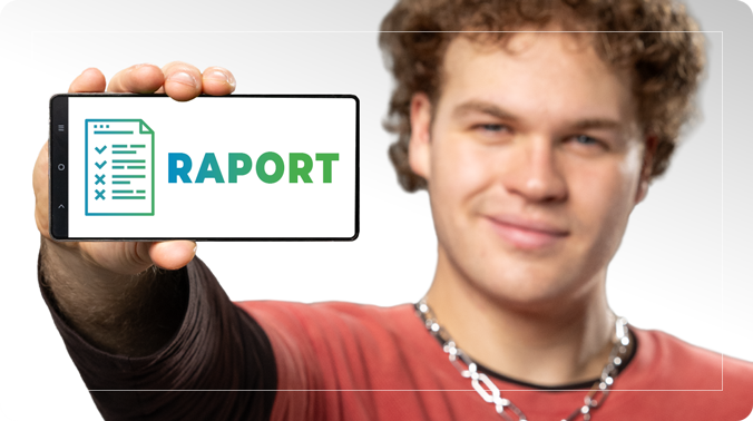 Młody mężczyzna trzymający w ręku telefon z napisem raport i ikoną symbolizującą raport